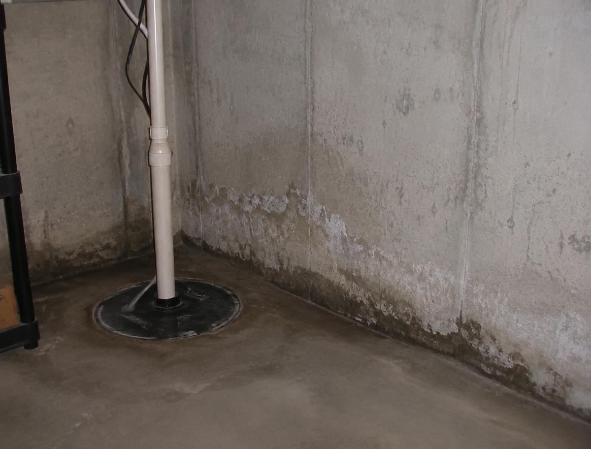 Basement corner with damp concrete wall staining and a sump pump basin