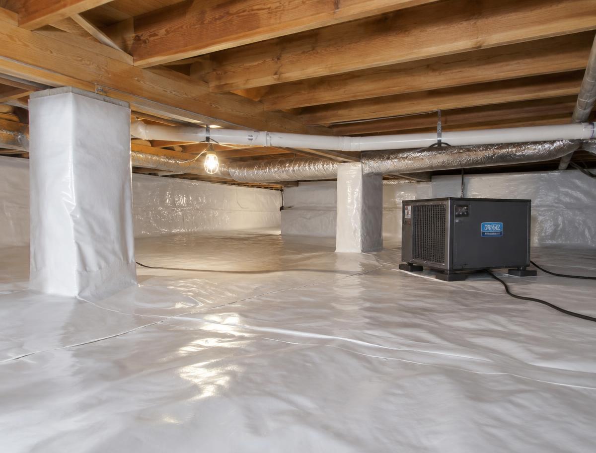 Encapsulated crawl space with white vapor barrier and a dehumidifier
